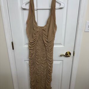 Elegant Tan Ruched Dress